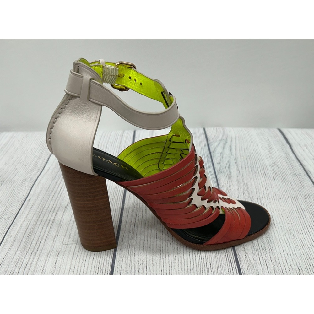 Coach Lorrie Sandals Womens 6 Multicolor Leather Cutout Block Heel Ankle Strap